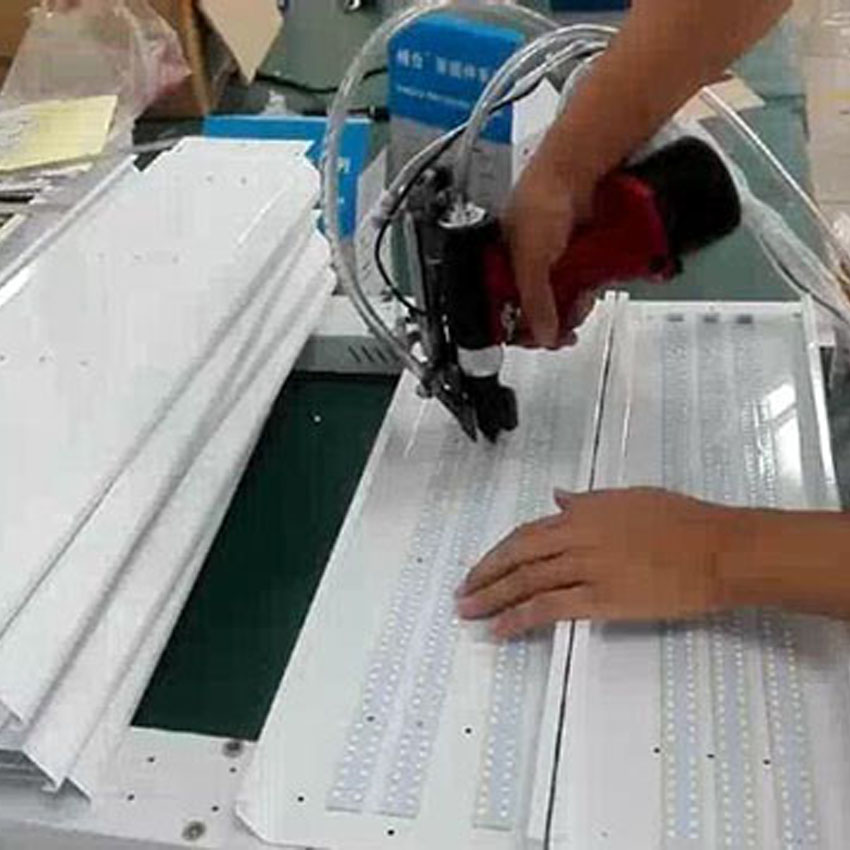 LED square luminaire nail assembly site - automatic riveting machine application